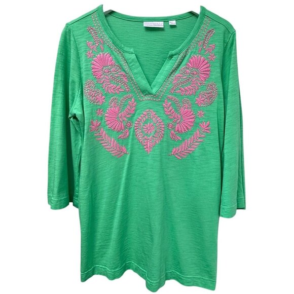 Kim Gravel Bellisima Top Medium Petite Green Pink Embroidery 3/4 Sleeve Tee - Picture 1 of 10